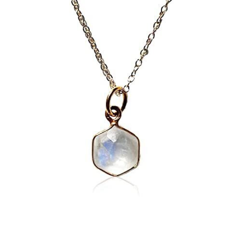 9738 Genuine Moonstone Hexagon Necklace, Plated 18K Gold, Daintily Wedding